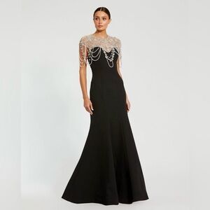 Mac Duggal 11775 Black Draped Pearl Beaded Mermaid Dress